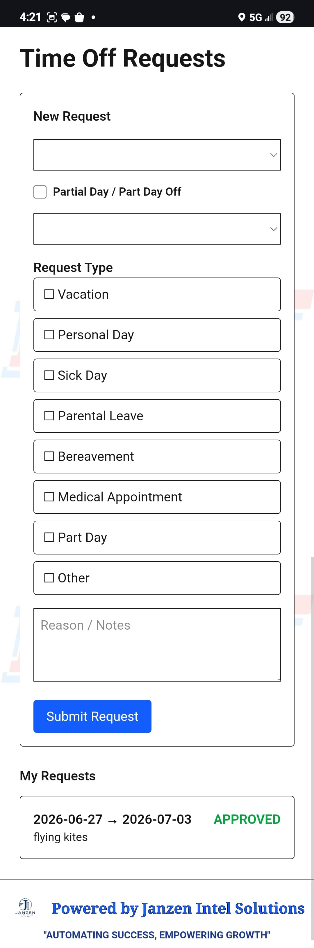 IntelOps 360 mobile time off request